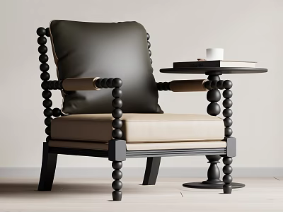 Contemporary Accent Chair Featuring Black Beaded Frame Beige Seat Dark Gray Cushion and Side Table 3d model