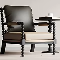 Contemporary Accent Chair Featuring Black Beaded Frame Beige Seat Dark Gray Cushion and Side Table