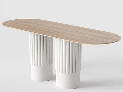 Modern Oval Wooden Dining Table With Two White Vertical Striped Cylindrical Bases 3d model