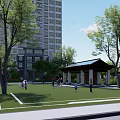 Residential Landscape With High Rise Buildings Green Space Trees And Walking Path