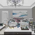 Elegant Dining And Living Room Interior With Gray Cabinets Wooden Flooring And Circular Paintings