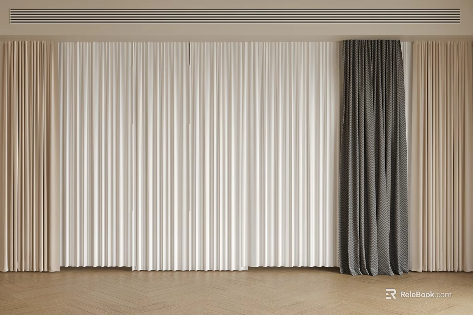 Elegant Modern White And Gray Curtains With Pleated Design For Indoor Wooden Floor Space 3d model 