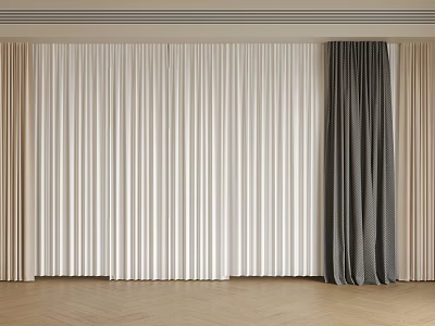 Elegant Modern White And Gray Curtains With Pleated Design For Indoor Wooden Floor Space 3d model