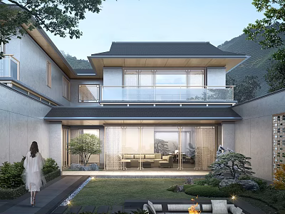 Modern Detached Villa With Courtyard Lawn Balcony Large Windows And Mountain View Trees 3d model
