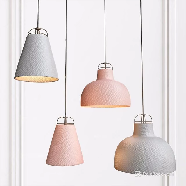 Modern Textured Pendant Lights in Gray and Pink Conical Dome Shapes Hanging on White Background 3d model 