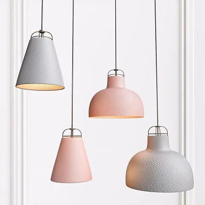 Modern Textured Pendant Lights in Gray and Pink Conical Dome Shapes Hanging on White Background 3d model
