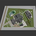 Cartoon Scene of Charming Residential Area with Houses Green Lawns Roads and Central Pond
