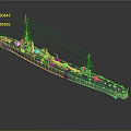 3D Model of Blue Warship Water Vehicle With Turret Mast and Detailed Structure