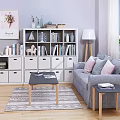 White Bookcase With Books And Decorative Items In Modern Living Room Sofa And Coffee Table