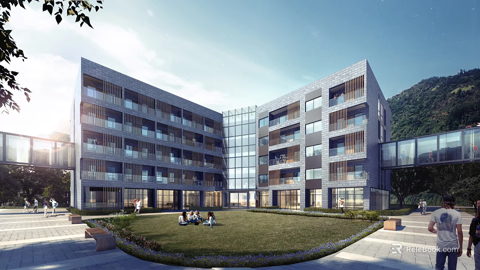 Multi Story Modern School Building With Glass Windows Green Lawn And Student Area 3d model 