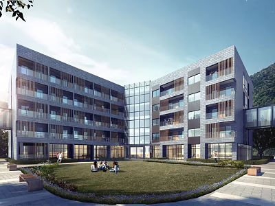 Multi Story Modern School Building With Glass Windows Green Lawn And Student Area 3d model