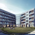 Multi Story Modern School Building With Glass Windows Green Lawn And Student Area