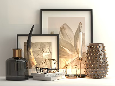 Stylish Decor Ornament Set Framed Leaf Prints Black Bottle Gold Candleholder Spiked Vase And Eyeglasses 3d model