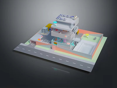 Cartoon Scene Featuring Multi Level Building Model Street And Room Layout Details 3d model