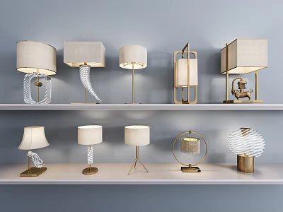 Modern Table Lamps With Various Designs Fabric Shades And Metal Bases On Shelf 3d model