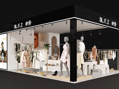 Modern Fashion Clothing Store Interior With Mannequins Apparel Racks And Shoe Displays 3d model