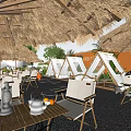 Serene Garden Landscape With Straw Umbrellas Deck Chairs Wooden Table Green Plants And Pebble Ground