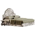 Chic Vintage Floral Upholstered Double Bed With Olive Green Bedding And Retro Decorative Side Table