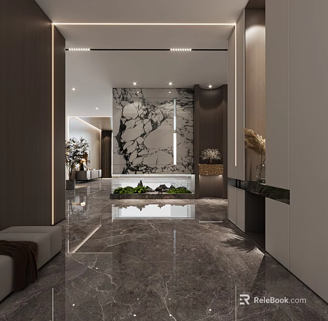 Elegant Modern Foyer Hallway With Marble Wall Green Plants And Ambient Lighting 3d model 