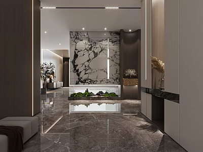 Elegant Modern Foyer Hallway With Marble Wall Green Plants And Ambient Lighting 3d model