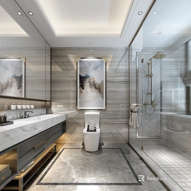 Modern Light Luxury Bathroom Interior Design With Marble Vanity And Glass Shower Enclosure And Wall Art 3d model 