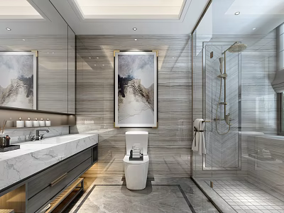 Modern Light Luxury Bathroom Interior Design With Marble Vanity And Glass Shower Enclosure And Wall Art 3d model
