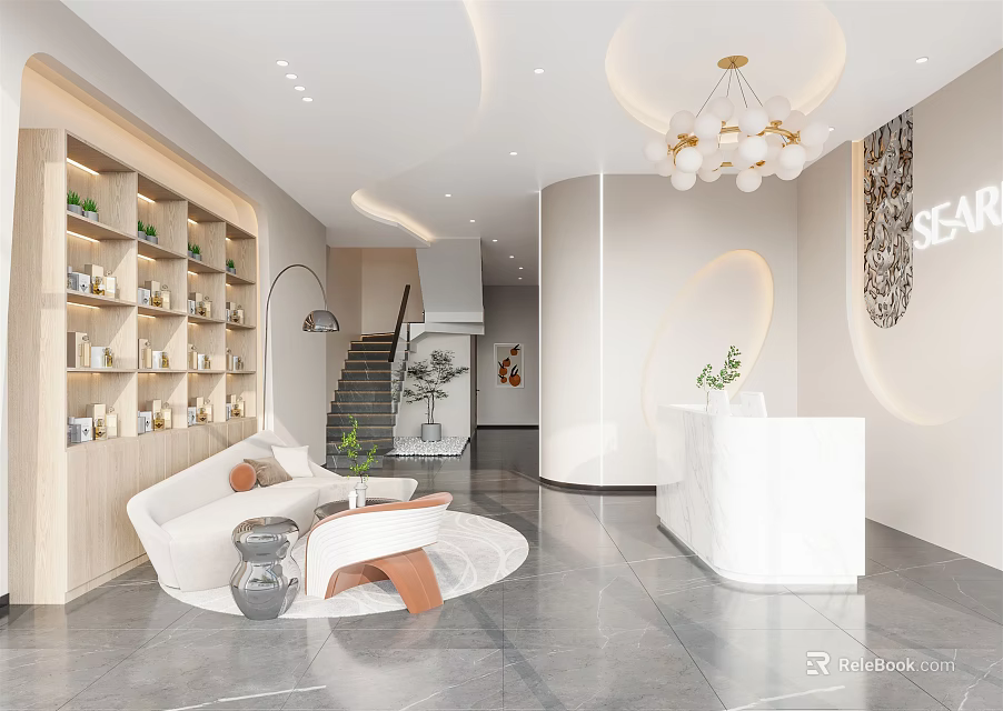 Modern Beauty Salon Interior With White Reception Desk Round Sofa Area And Wooden Shelves 3d model 
