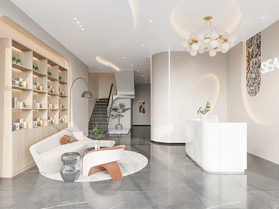 Modern Beauty Salon Interior With White Reception Desk Round Sofa Area And Wooden Shelves 3d model