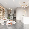 Modern Beauty Salon Interior With White Reception Desk Round Sofa Area And Wooden Shelves