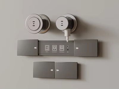 Modern Grey Wall Electrical Switches With USB Ports Power Outlets And Control Panels 3d model
