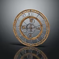 Luxury Mechanical Clock with Golden Frame Roman Numerals and Intricate Gears on Dark Reflective Surface