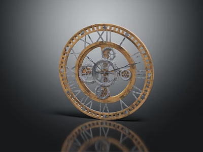 Luxury Mechanical Clock with Golden Frame Roman Numerals and Intricate Gears on Dark Reflective Surface 3d model