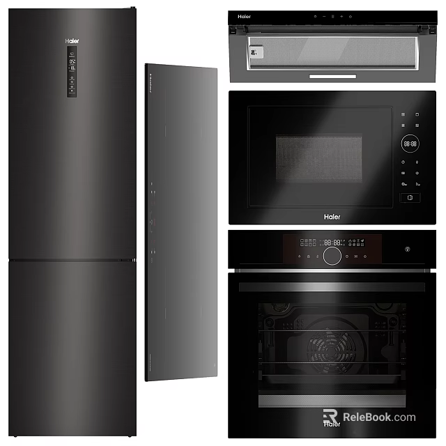 Sleek Modern Black Kitchen Appliances Including Refrigerator Microwave And Oven 3d model 