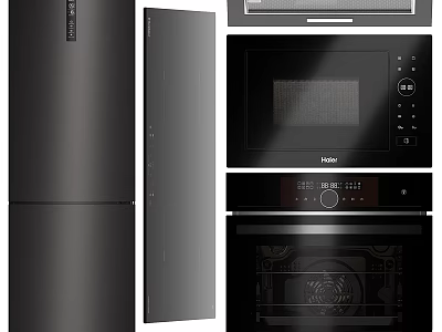 Sleek Modern Black Kitchen Appliances Including Refrigerator Microwave And Oven 3d model
