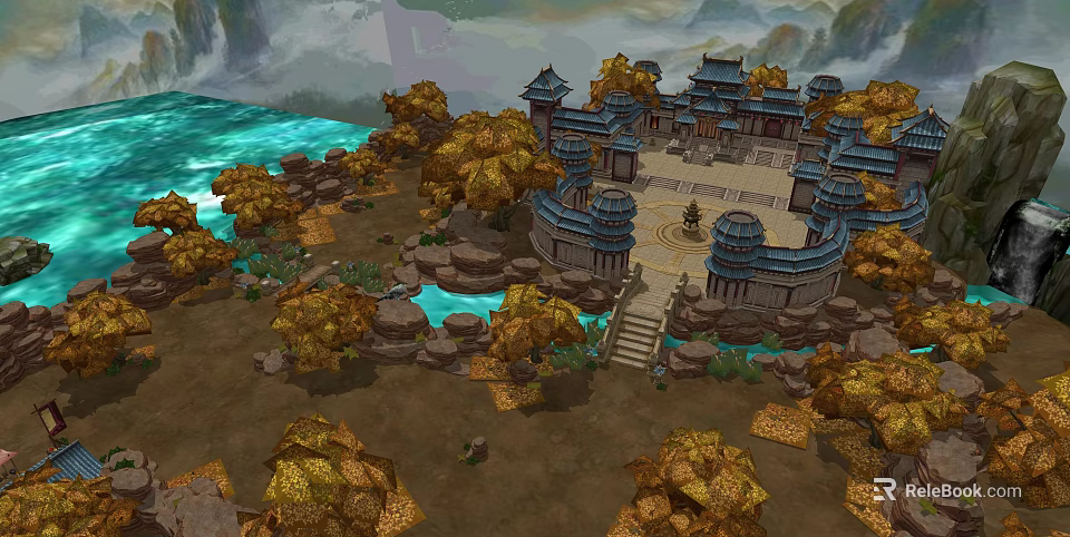 Ancient Architecture Courtyard With Golden Trees Blue Water And Mountain View 3d model 