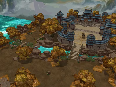 Ancient Architecture Courtyard With Golden Trees Blue Water And Mountain View 3d model