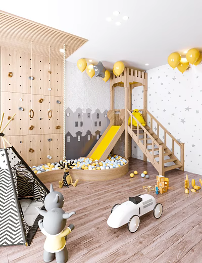 Kids Playroom Interior Design With Castle Loft Wooden Climbing Wall Yellow Slide And Ball Pit 3d model
