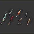 Colorful Fantasy Weapons Display With Multiple Decorative Blades And Intricate Designs