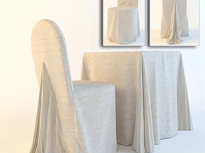 Elegant Beige Dining Table Set With Linen Tablecloth And Chair Covers 3d model
