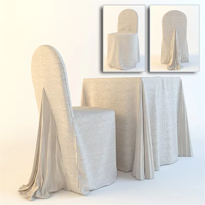 Elegant Beige Dining Table Set With Linen Tablecloth And Chair Covers 3d model