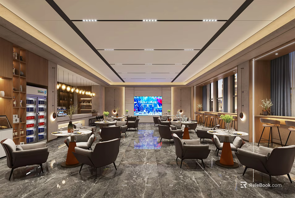 Modern Restaurant Interior With Marble Flooring Tables Chairs Lighting And TV Screen 3d model 