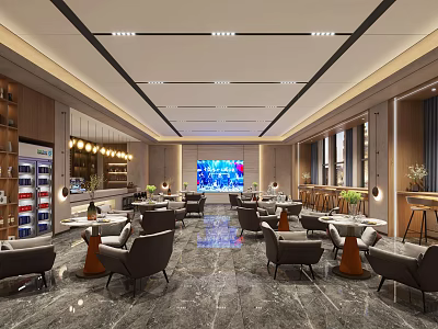 Modern Restaurant Interior With Marble Flooring Tables Chairs Lighting And TV Screen 3d model