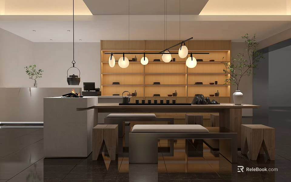 Modern Tea Room Interior With Wooden Shelves Pendant Lights Counter And Benches 3d model 