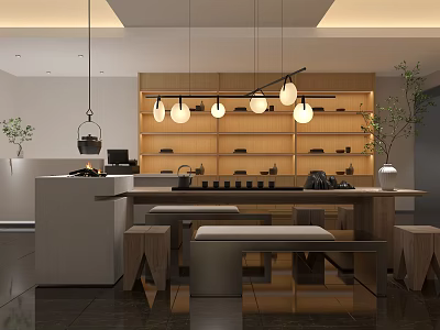Modern Tea Room Interior With Wooden Shelves Pendant Lights Counter And Benches 3d model