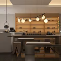 Modern Tea Room Interior With Wooden Shelves Pendant Lights Counter And Benches