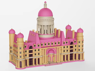Stunning Detached Villa With Pink Domes Yellow Exterior Columns And Arched Doorway 3d model