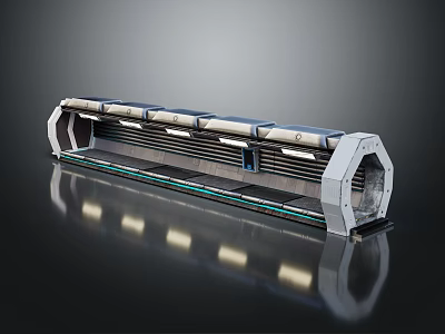Cartoon Scene Featuring Long Strip Mechanical Device With Metallic Texture And Reflective Base 3d model
