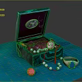Open Green Jewelry Box With Pearl Necklace Red Flower Ornament And Blue Ring Decor Set