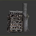 Stacked Wood Logs Pile Next To Stone Blocks In Dark Reflective Background
