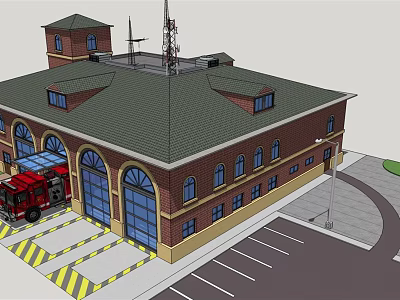 Fire Station Brick Building with Arch Entrances Red Fire Truck Parking Lot and Roof Antennas 3d model